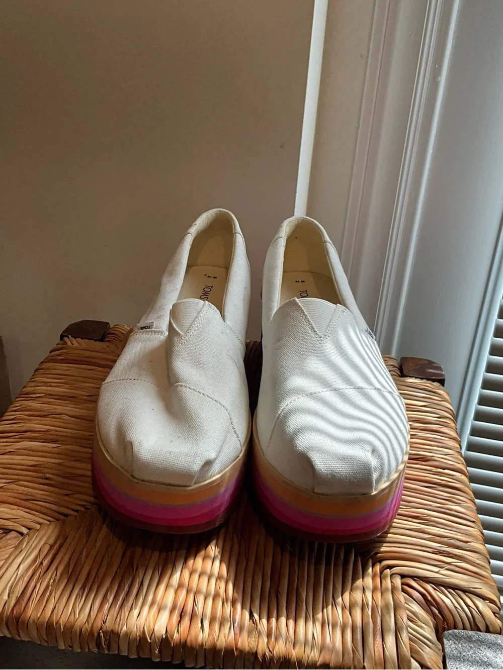 Women’s Toms Ivory Canvas Platform Slip-Ons with Rainbow Layered Sole size 12